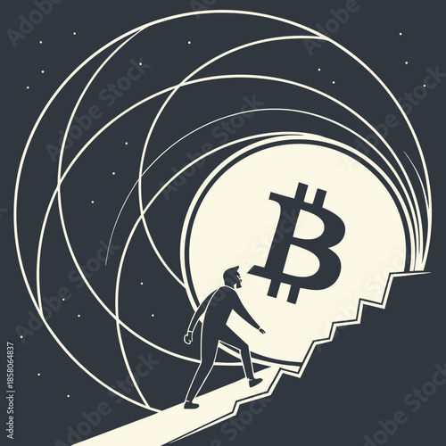 Man Ascending Stairs Towards a Glowing Bitcoin Symbol in a Dark Spiral Tunnel