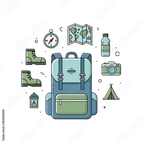 Backpack and Travel Essentials Flat Design Illustration.