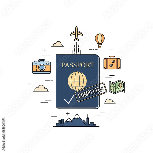 Passport with travel icons and completed stamp.