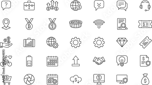 Professional Business and Finance Icon Set Featuring Thin Line Analysis Charts Global Economy Blockchain Cryptocurrency and Corporate Security Symbols Vector