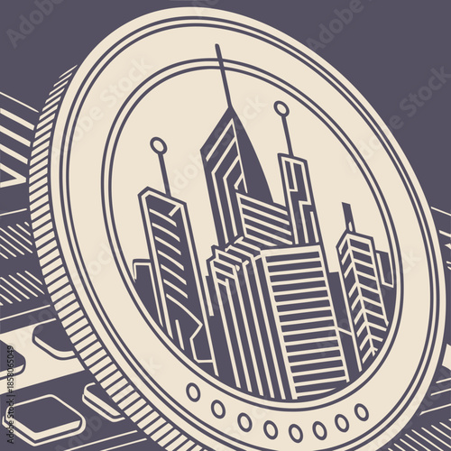 Monochrome Cityscape Coin Illustration