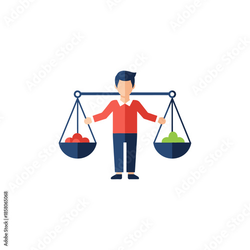 Man holding a balance scale with different items on each side.