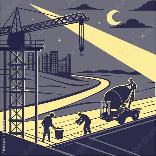 Nighttime Construction Workers Pouring Concrete Near Cityscape