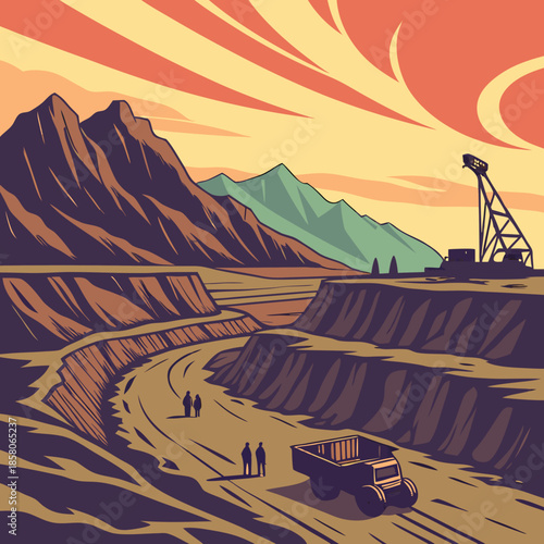 Open Pit Mining Landscape at Sunset