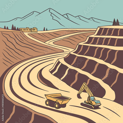 Open Pit Mining Operation with Excavator and Truck in Mountainous Landscape