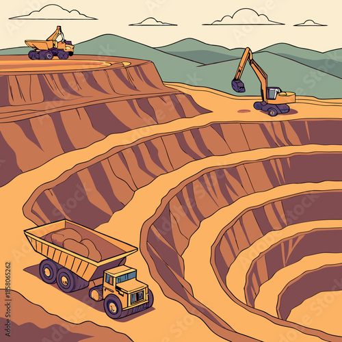 Open Pit Mining Operation with Heavy Machinery and Excavators