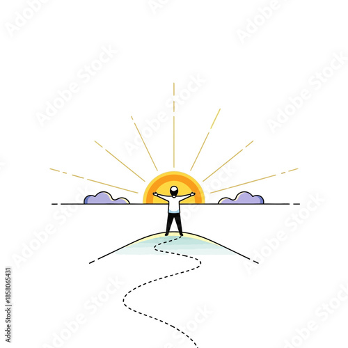 Person standing on hilltop with arms outstretched towards sunrise.