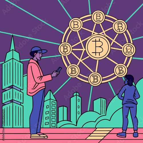 People Observing a Bitcoin Network Illustration in a Cityscape