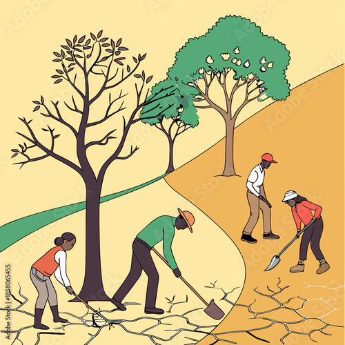 People Planting Trees on a Hillside in a Reforestation Project