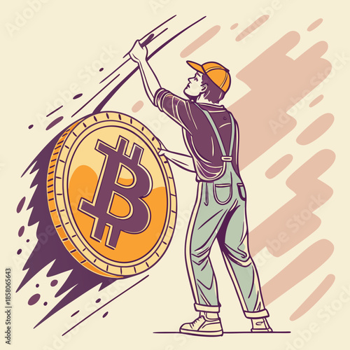 Person in Overalls Lifting Large Bitcoin Coin Retro Illustration