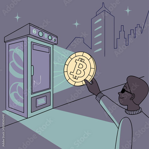 Person Receiving Bitcoin From a Futuristic Machine at Night
