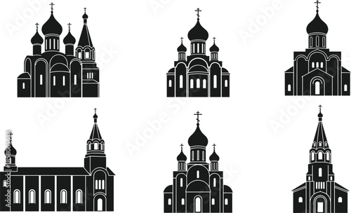 Orthodox church silhouette set, Russian cathedral vector icons, Christian temple architecture, religious building outlines, Byzantine dome collection, isolated spiritual landmark graphics,