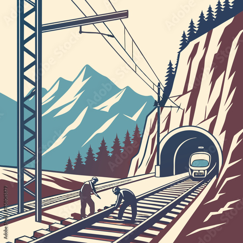 Railway Workers Repairing Tracks Near Mountain Tunnel