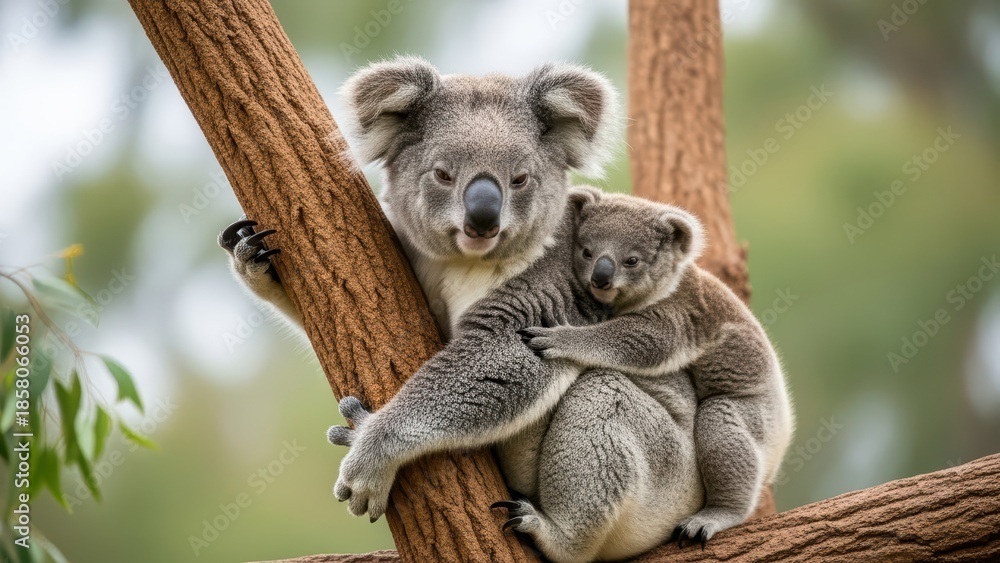 Fototapeta premium Koala mother and baby on tree branch in natural habitat