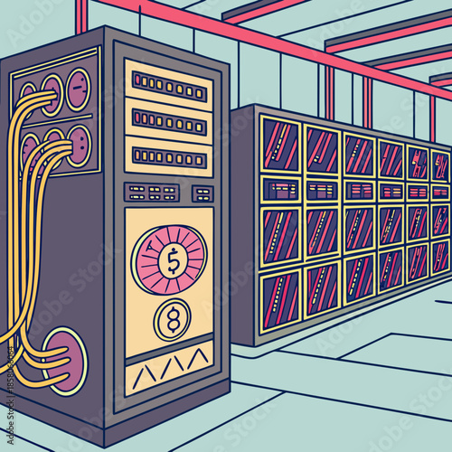 Retro Futuristic Server Room: Pixel Art Illustration of Vintage Computer Technology