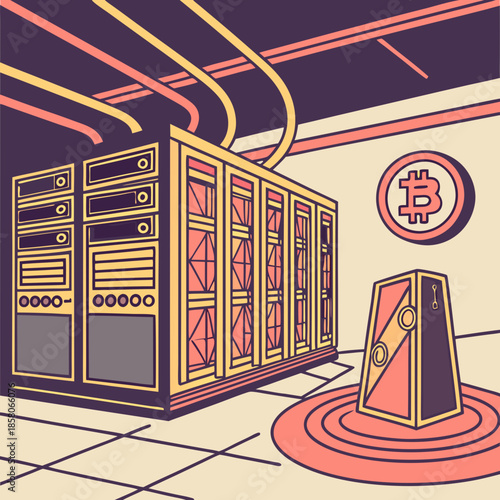 Retro Pixel Art Bitcoin Mining Server Room Illustration