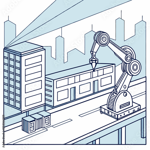Robotic Arm Constructing Building in City Isometric Illustration