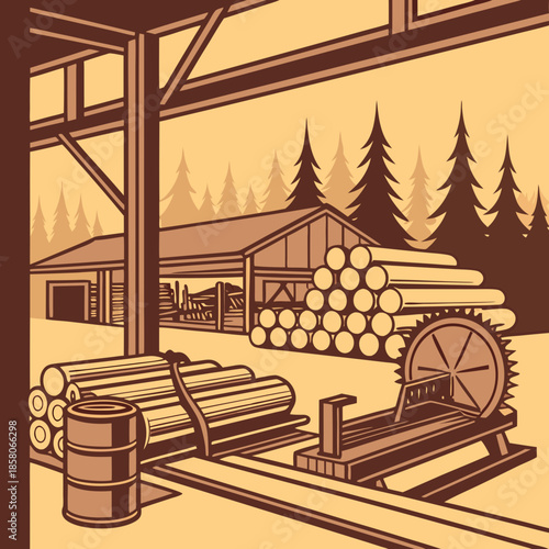 Rustic Sawmill with Stacked Logs and Cutting Equipment