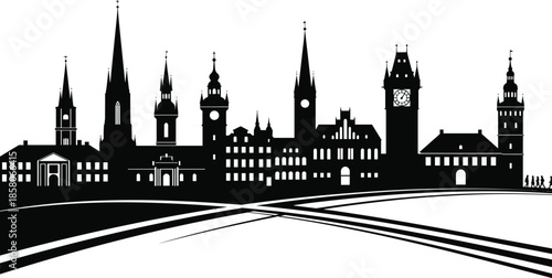 Prague Czech Republic city skyline silhouette vector illustration, featuring Charles Bridge, Old Town square, astronomical clock, and cathedrals, isolated black cityscape design