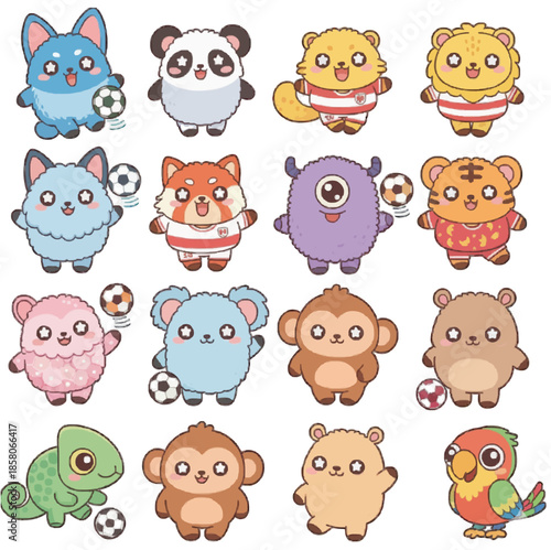 Cute Fluffy Animal Soccer Characters and Kawaii Monster Mascot Set