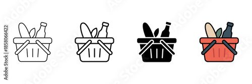 Set of minimalist shopping basket icons with transparent background, containing groceries for market, retail, and e-commerce apps, purchasing and delivery symbols, vector illustration
