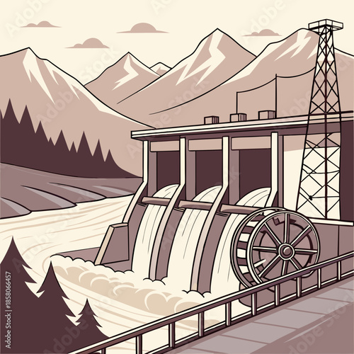 Sepia Tone Illustration of Hydroelectric Dam in Mountainous Landscape
