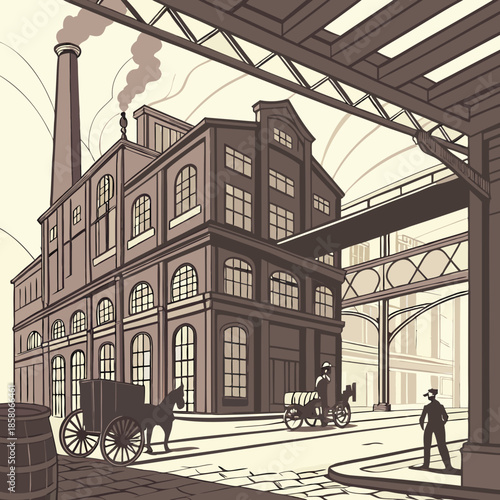 Sepia Illustration of Vintage Industrial Factory with Horse Carriages