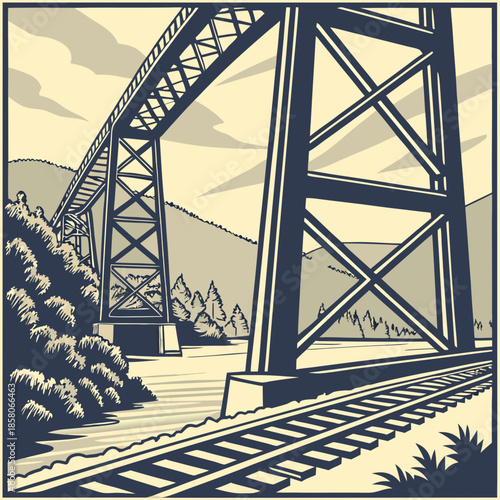 Sepia Tone Railroad Bridge Landscape Illustration