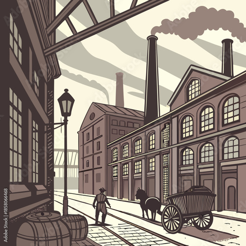 Sepia-Toned Illustration of a 19th Century Industrial City Street
