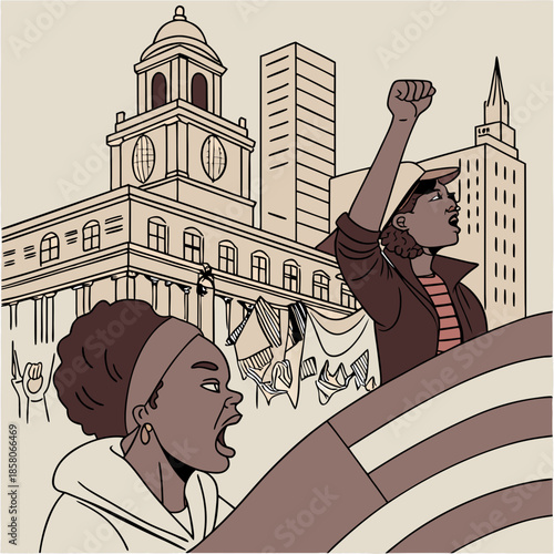 Sepia-toned Illustration of a City Protest with Raised Fists