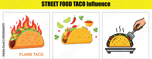 Flaming taco, taco with ingredients, and taco on griddle Keywords: taco, street food, mexican