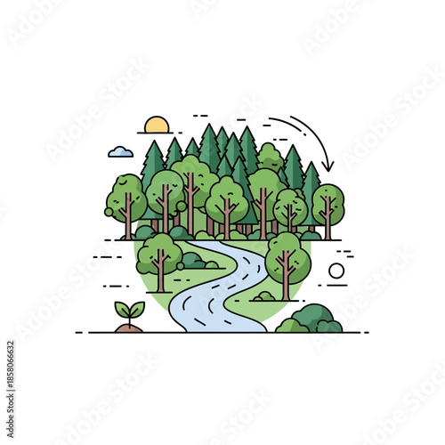 Lush green forest with winding river and young sapling.