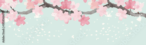 Watercolor Cherry Blossom Branch with Falling Petals. Japanese Style Spring Banner Background