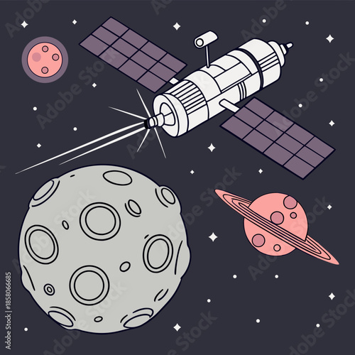 Spacecraft orbiting planets and moon in dark space