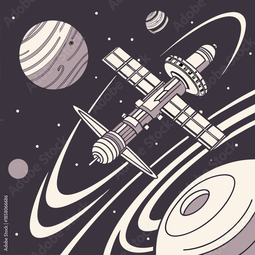 Spacecraft Orbiting Planets in a Galaxy Pixel Art