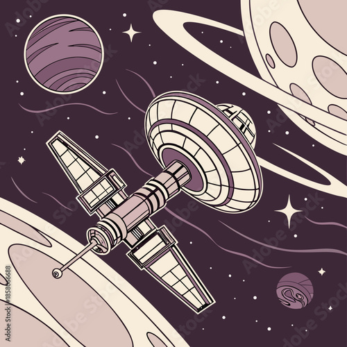 Spacecraft Orbiting Planets in a Purple Galaxy