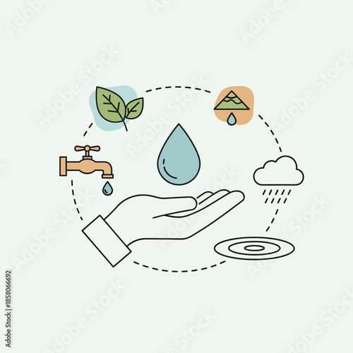 Hand holding a water droplet surrounded by icons.