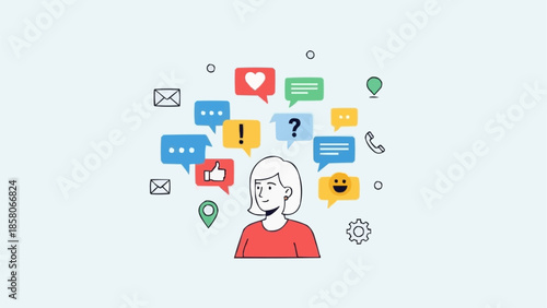 Woman overwhelmed by social media notifications and messages.