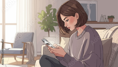 Young woman using mobile phone while sitting on sofa at home.