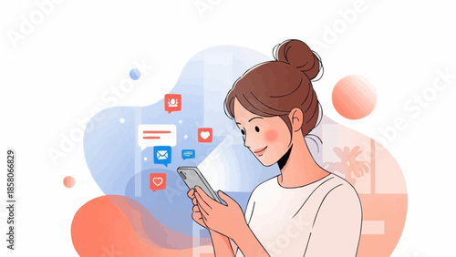 Young woman using her smartphone with social media icons floating around her.