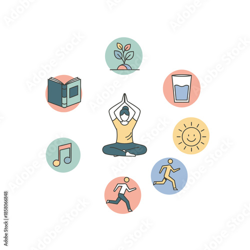 Person meditating surrounded by icons representing healthy lifestyle choices.