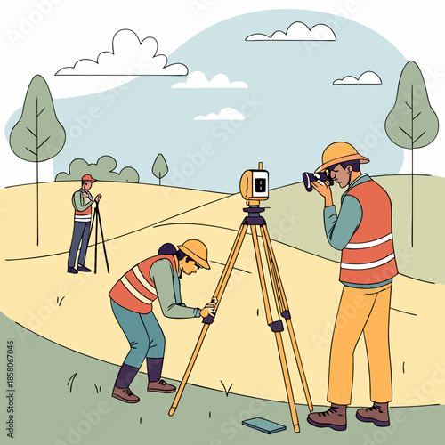 Team of Surveyors Working on Land Survey Project Outdoors
