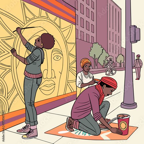 Three Artists Painting a Large Sun Mural on a City Street
