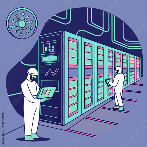 Technicians in Protective Suits Inspecting Servers in a Modern Data Center