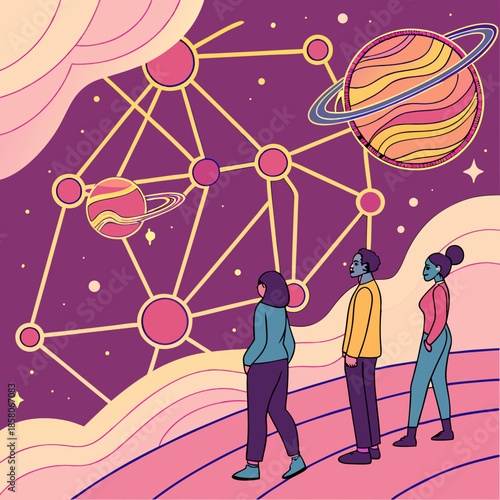 Three Figures Gaze at a Cosmic Network of Planets
