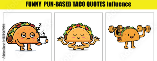 Sleeping, Meditating, and Exercising Taco Characters Keywords: taco, food, cartoon, character