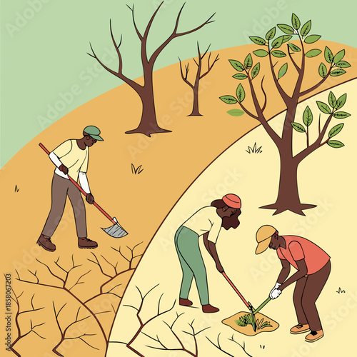 Three Men Planting Trees on a Hillside