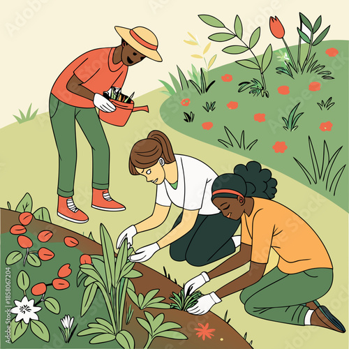 Three People Gardening Together in a Vibrant Garden
