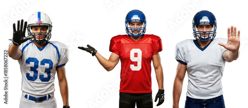 Three Male Football Players in Uniform Making Gesture on transparent background