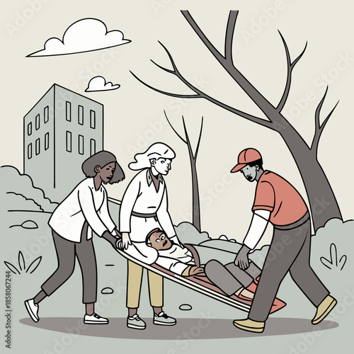Three People Providing First Aid to an Injured Person on a Stretcher in a Park